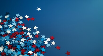 4th of July American Independence Day stars decorations on blue background. Flat lay, top view.