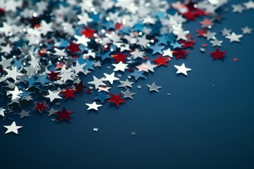 4th of July American Independence Day stars decorations on blue background. Flat lay, top view.