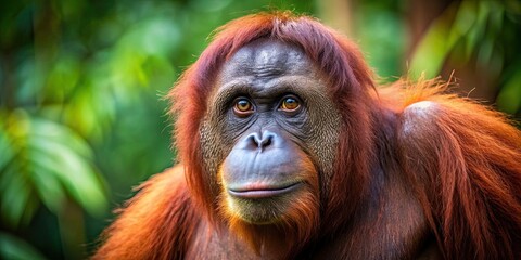 Fototapeta premium Close-up photo of an orangutan in the wild , Orangutan, primate, wildlife, ape, jungle, forest, endangered species, mammal