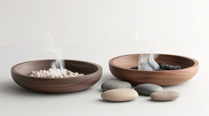 Three wooden bowls filled with different sizes of charcoal pieces. A plume of smoke rises from the bowl on the left
