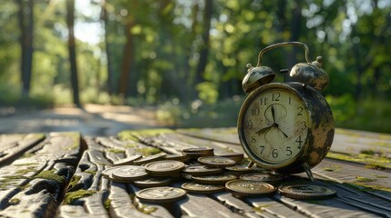 Naklejka premium A Hyperrealistic illustration of a meticulously detailed alarm clock and a pile of impeccably rendered coins sitting on a weathered wooden table, with a hyperrealistic green forest in the background.