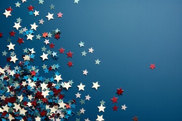 4th of July American Independence Day stars decorations on blue background. Flat lay, top view.