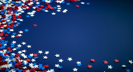 4th of July American Independence Day stars decorations on blue background. Flat lay, top view.