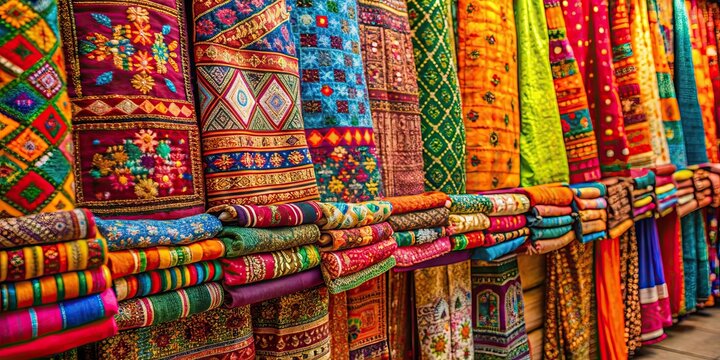 Vibrant display of Indian textiles showcasing intricate craftsmanship , Indian, textiles, vibrant, display, rich