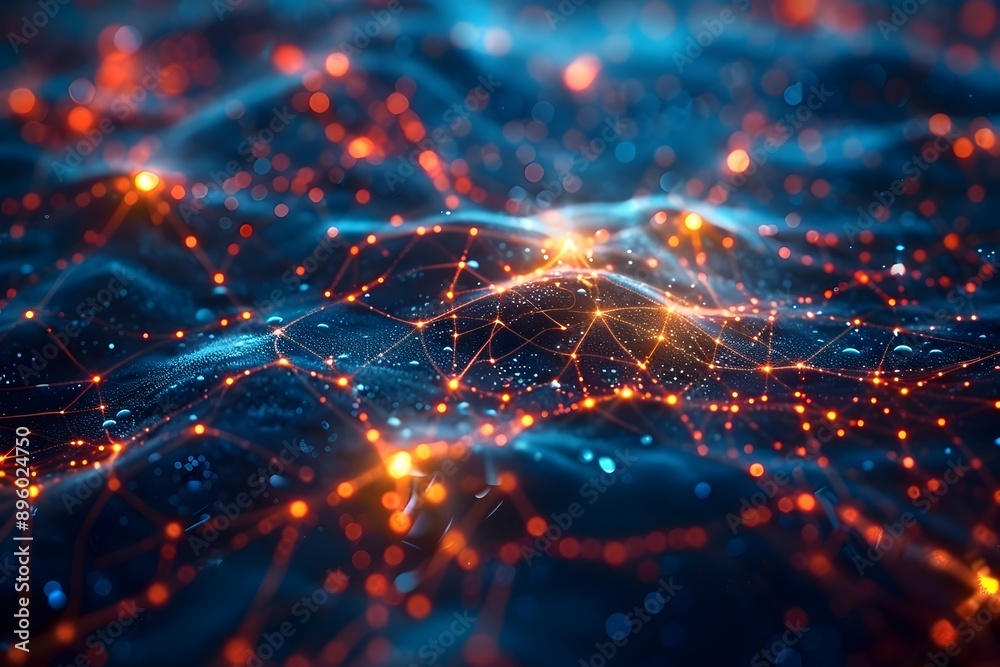 Poster abstract digital network visualization with glowing nodes and waves