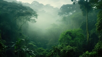 Obraz premium A lush, vibrant rainforest canopy with a dense layer of mist obscuring the forest floor,