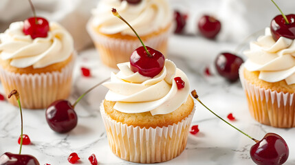 Delicious cupcakes with cream and cherries on white marble table