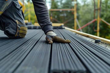 Skilled Worker Installing Black Flooring Panels on a Construction Site