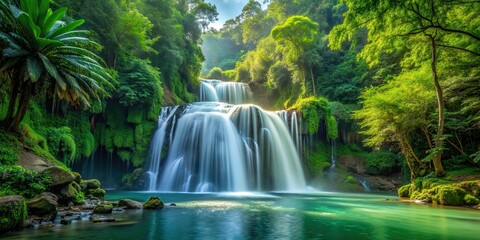 Obraz premium Scenic waterfall flowing in the midst of a lush forest, nature, cascading, tranquil, trees, foliage, stream