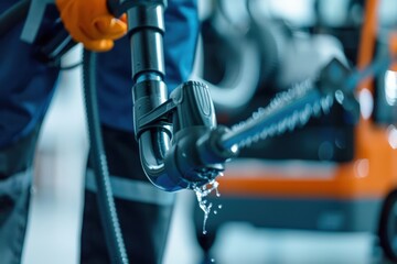 Professional cleaning equipment being used by a worker wearing orange gloves
