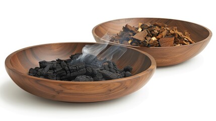 Three wooden bowls filled with different sizes of charcoal pieces. A plume of smoke rises from the bowl on the left