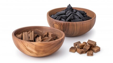 Three wooden bowls filled with different sizes of charcoal pieces. A plume of smoke rises from the bowl on the left