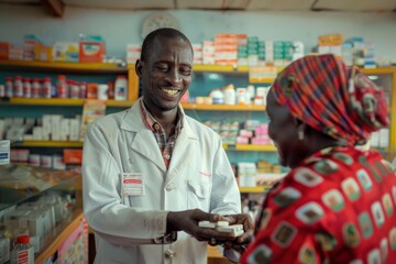 Friendly Pharmacist Dispensing Antiretroviral Medication to a Patient in a Local Pharmacy