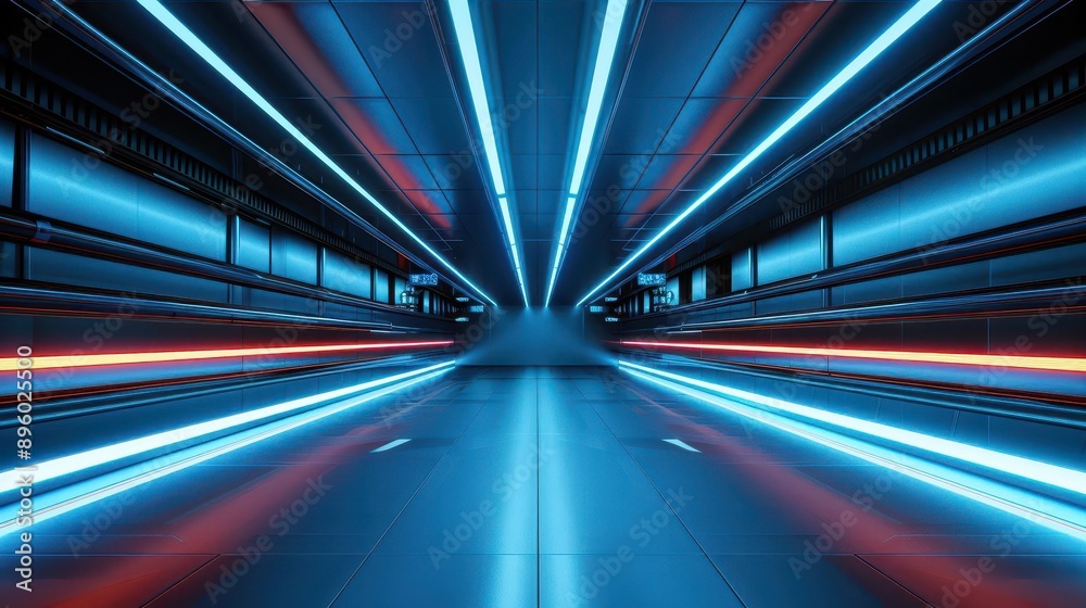 Wall mural a dynamic, futuristic tunnel illuminated by vibrant blue and red lights, creating a sense of speed a