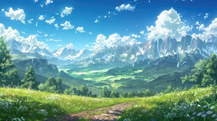 Naklejka premium Stunning summer anime landscape with rolling hills, majestic mountains, and a clear, blue sky dotted with clouds