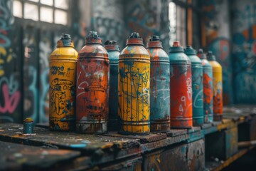 Several spray cans are lined up on a table in a graffiti covered room