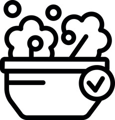 Line icon of bowl releasing steam with checkmark, representing successful sterilization process