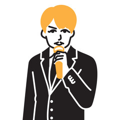 A man wearing a black suit holds a microphone