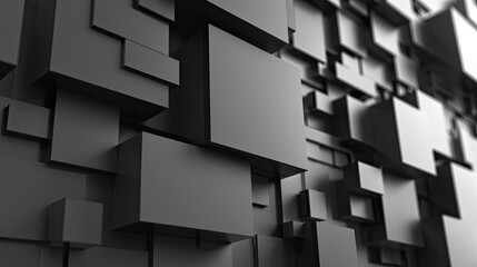 A close-up view of a wall constructed of numerous black cubes of varying sizes and arrangements, creating a geometric abstract background