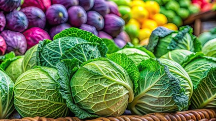 Fresh cabbage heads for sale at a vibrant market stall, cabbage, market, fresh, vegetables, produce, healthy, organic, green