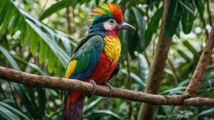 Obraz premium A vibrant parrot with striking multicolored feathers perches on a branch in a lush rainforest, highlighting the exotic beauty of tropical wildlife.