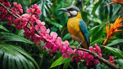 Obraz premium A colorful tropical bird perched on a branch adorned with vibrant pink blossoms, set against a lush green background, capturing the exotic beauty of nature.