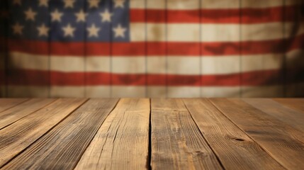USA flag background - empty wooden table for display montages