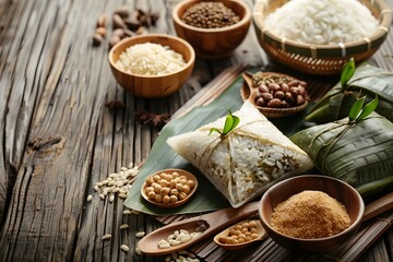 Fototapeta premium A Rustic Display of Rice Varieties and Ingredients for Traditional Dishes