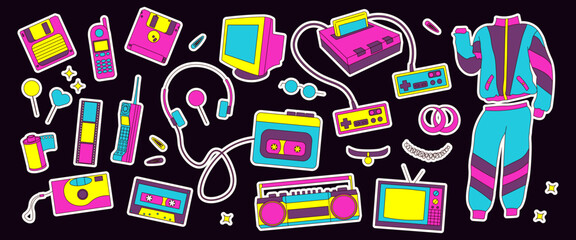 Set of stickers with 90s retro elements