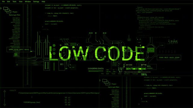 Low Code programming HUD Idea word text title style of computer scifi Data Information internet 2D graphic animation. Yellow