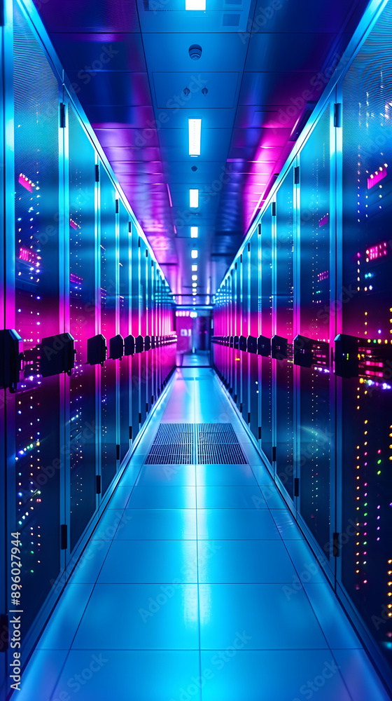 Poster data center background abstract, storage of databases in terminal, server room with hardware, system