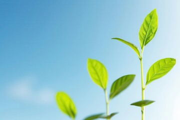 Fototapeta premium Fresh green leaves reaching towards a clear blue sky, symbolizing growth, nature, and vitality in a tranquil environment.