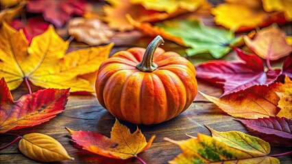 Little pumpkin surrounded by colorful fallen leaves, pumpkin, autumn, fall, leaves, orange, seasonal, harvest, nature, cute