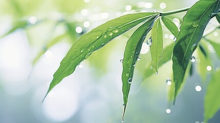 Obraz premium The bamboo leaves and dewdrops shimmer 
