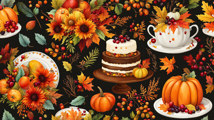 Illustration of a playful thanksgiving elements and autumn background
