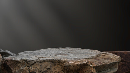 Rock, Stone Podium stand display advertising product, cosmetics production with studio Dark shadow light wall room background well free space for text, Cliff stone clipping paths
