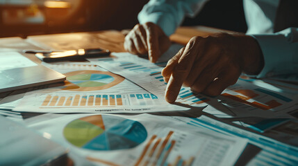Obraz premium Close-up of financial advisor's hands pointing to pie chart