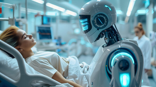 Robot m&eacute;dico atendiendo a un paciente en el hospital