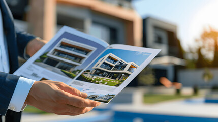 Close-up of real estate agent's hands holding property brochure