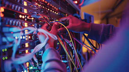 Close-up of IT professional's hands adjusting cables in server room