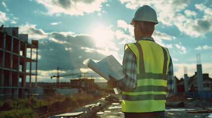 Construction worker holding blueprints and inspecting site
