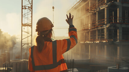 Construction worker directing crane operator with hand signals