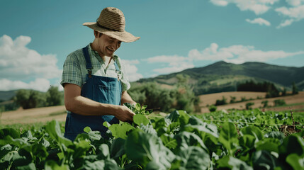Farmer examining crops in wide-open field