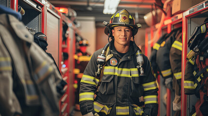 Firefighter preparing equipment in bright fire station
