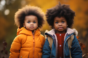 Two African American baby girls with curly hair posing in the park with colorful autumn leaves as background