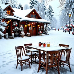 어느 눈내린 카페의 전경