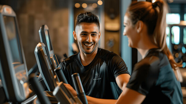 Hotel staff showing guest equipment in modern fitness center