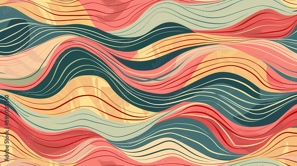 Wall mural Abstract wavy pattern with vibrant red, teal, and yellow hues creating a dynamic flow.