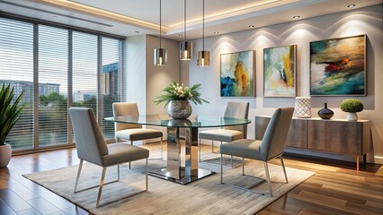 Fototapeta premium Stylish apartment dining area with modern glass table and statement artwork , stylish, apartment