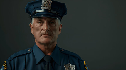 Police officer in uniform with badge and cap against simple background